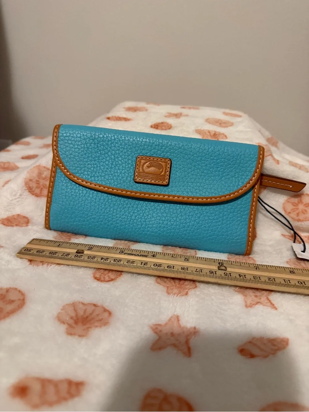 Dooney & Bourke Turquoise Genuine Pebbled Leather Wallet with Tan Trim